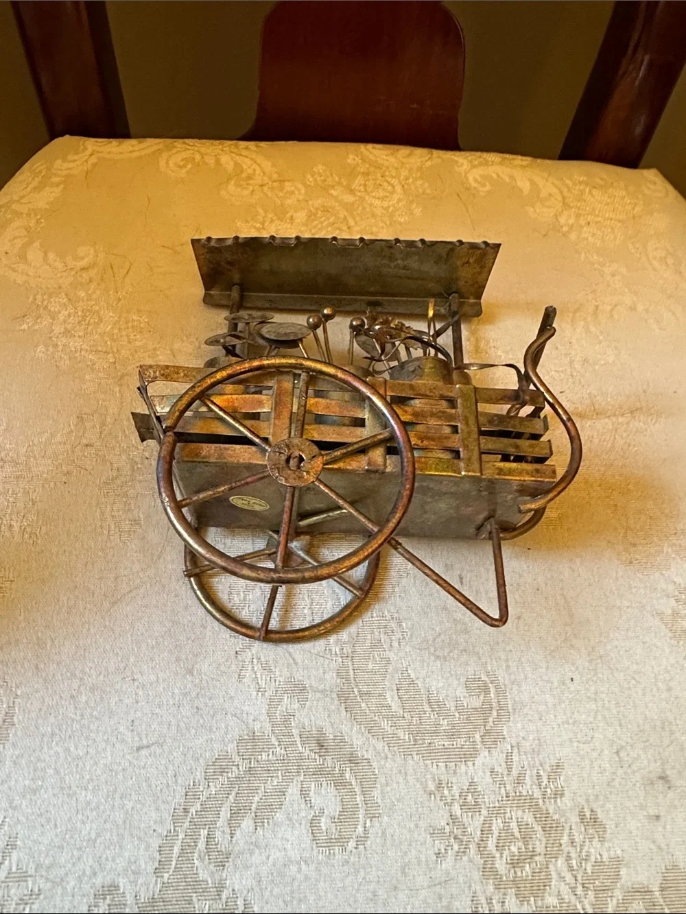 Vintage copper and brass 3D flower cart, wagon w/buckets of flowers